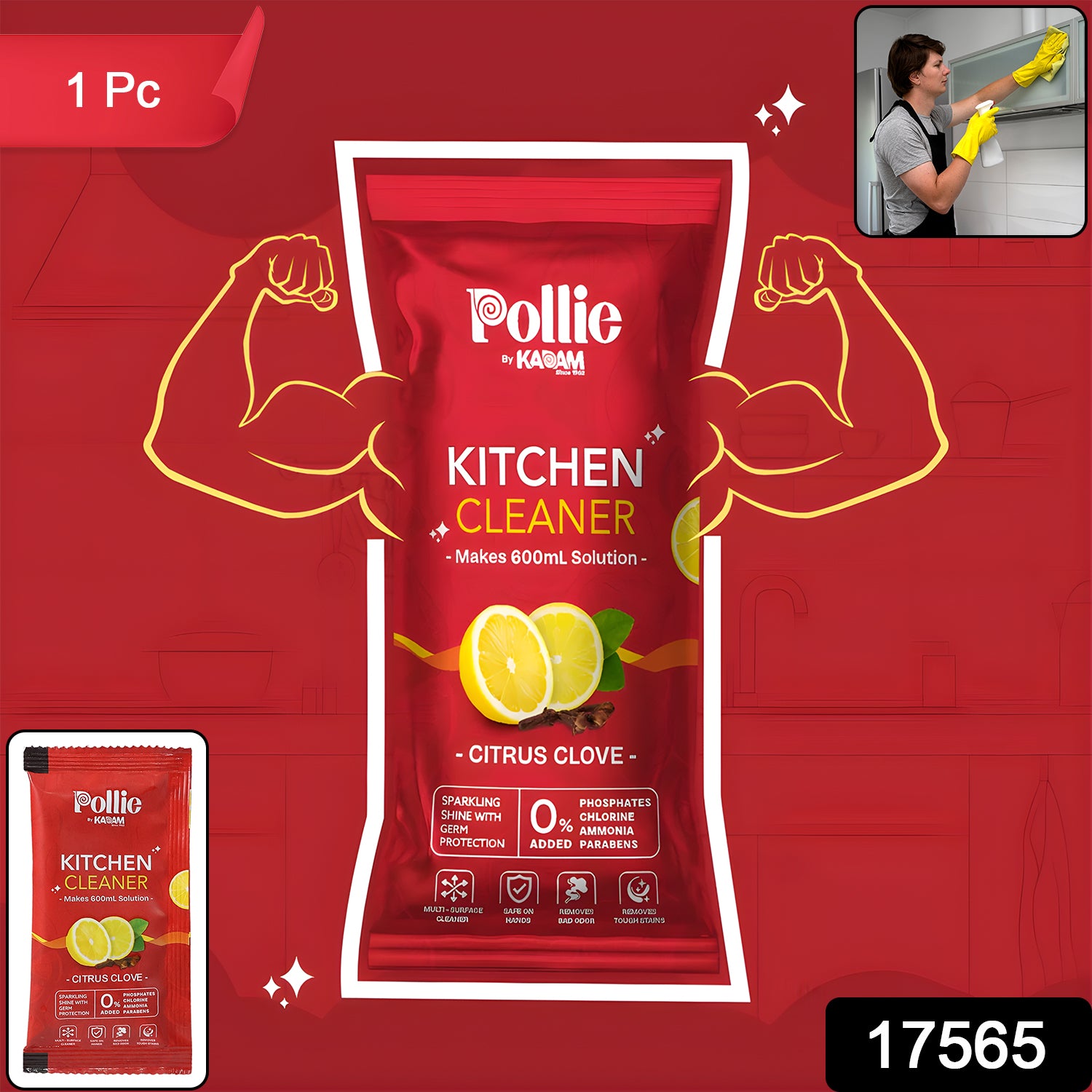 Wukusy Pollic Kadam concentrated kitchen surface cleaner sachet for home and kitchen cleaning, with fresh citrus scent.