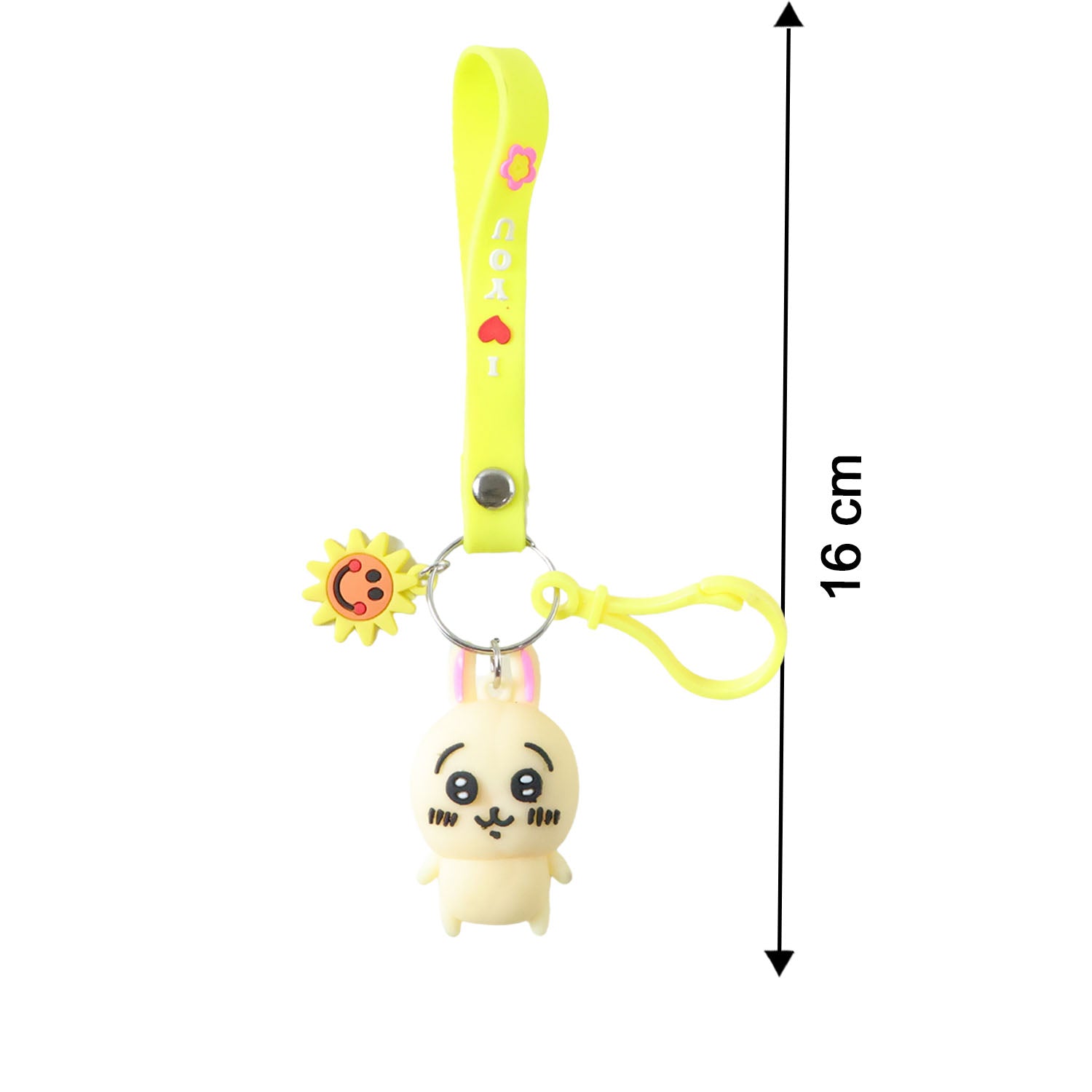 Cute cartoon bunny silicone keychain with decorative strap from Wukusy, featuring a colorful bunny design and playful details.