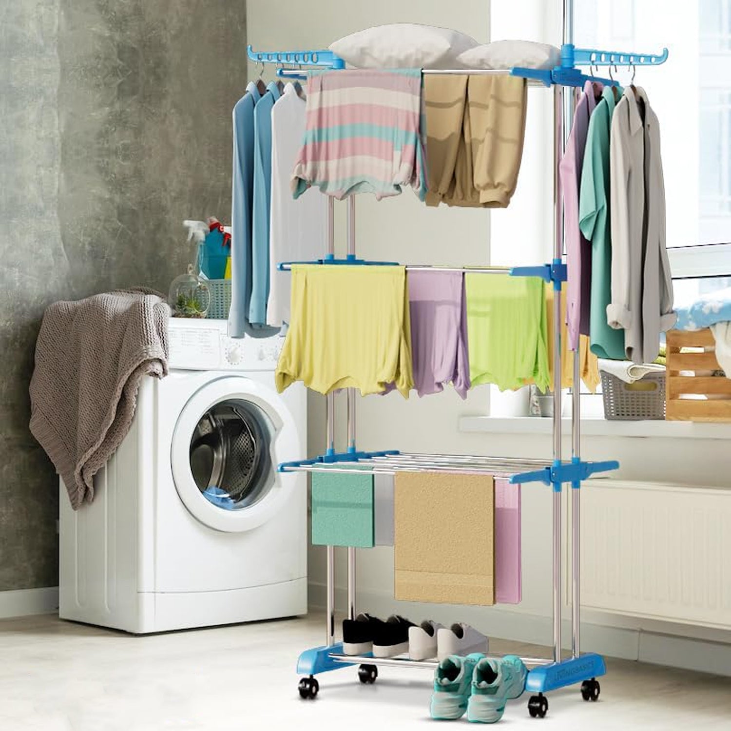 Wukusy heavy-duty stainless steel 3-layer foldable cloth drying stand with brown box for indoor laundry drying.