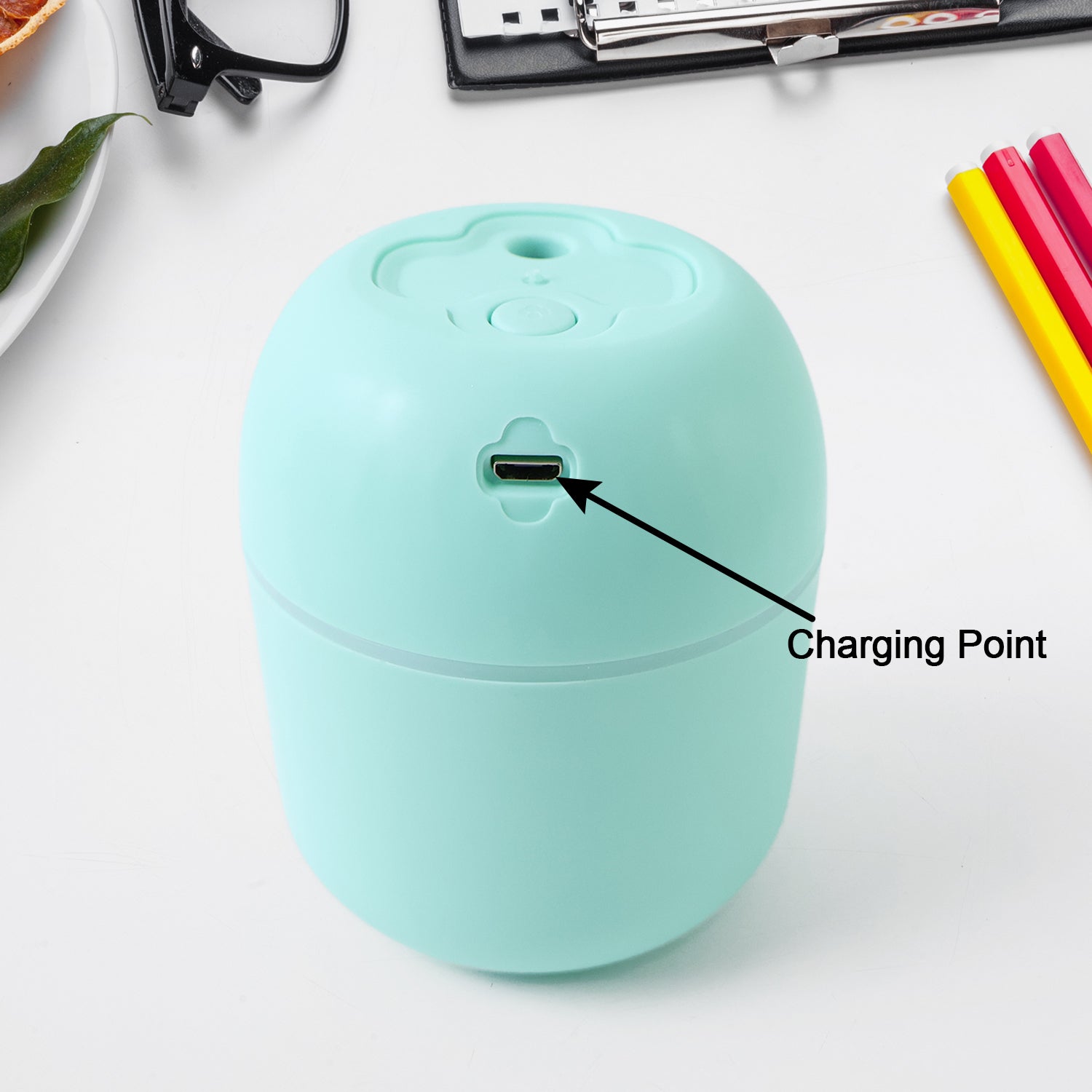 Wukusy portable mini USB humidifier with light, displaying a compact design, cool mist vapor, and essential oil diffuser features.
