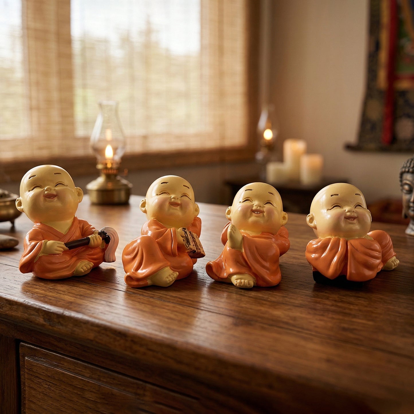 Set of eight miniature Monk Buddha idols by Wukusy, featuring detailed, serene Buddha figures in a compact display.