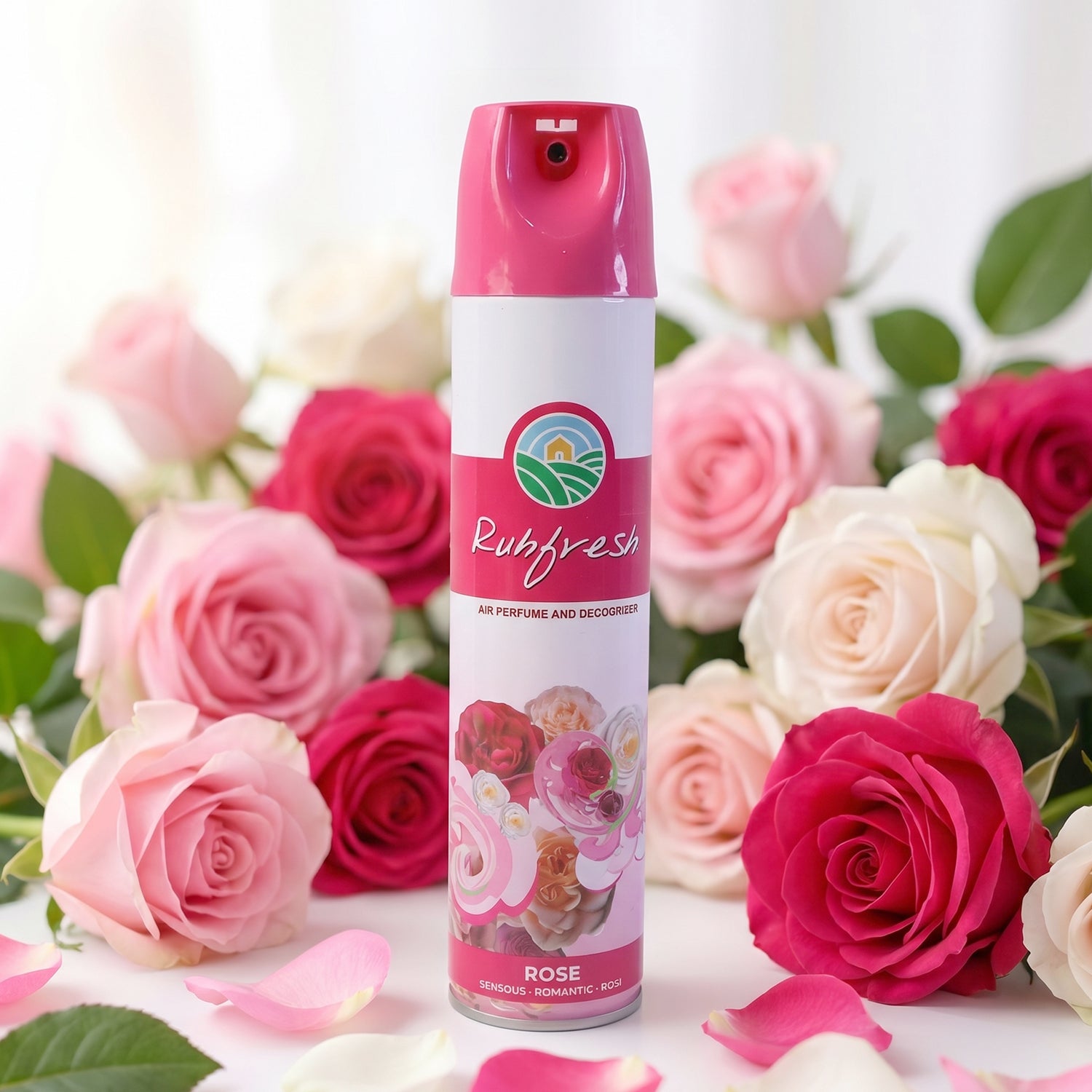 Wukusy Rose air freshener spray bottle, 220 ml, with a pink floral design and spray nozzle for freshening indoor spaces.