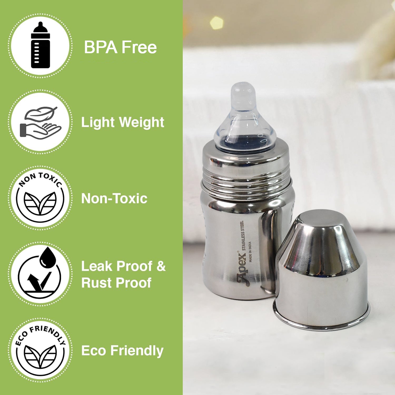 Wukusy Apex premium stainless steel baby feeding bottle, 125 ml, with a clear silicone nipple and ergonomic design for easy feeding.