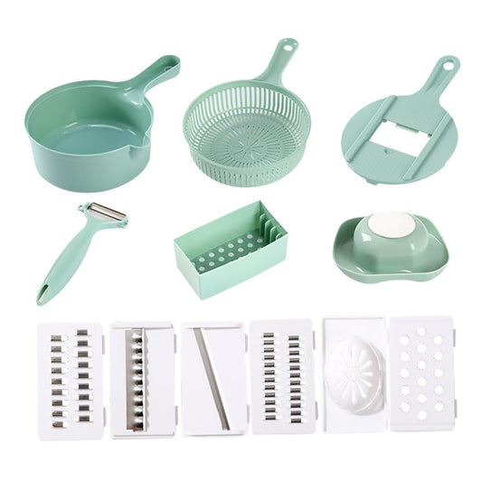 Wukusy multi-functional kitchen vegetable slicer set with various blades for slicing, julienning, and dicing vegetables.
