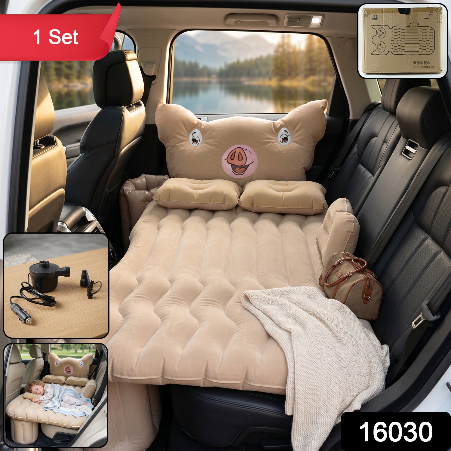 Wukusy cartoon pig design car air mattress set with pillows, inflatable travel bed for comfortable car camping or road trips