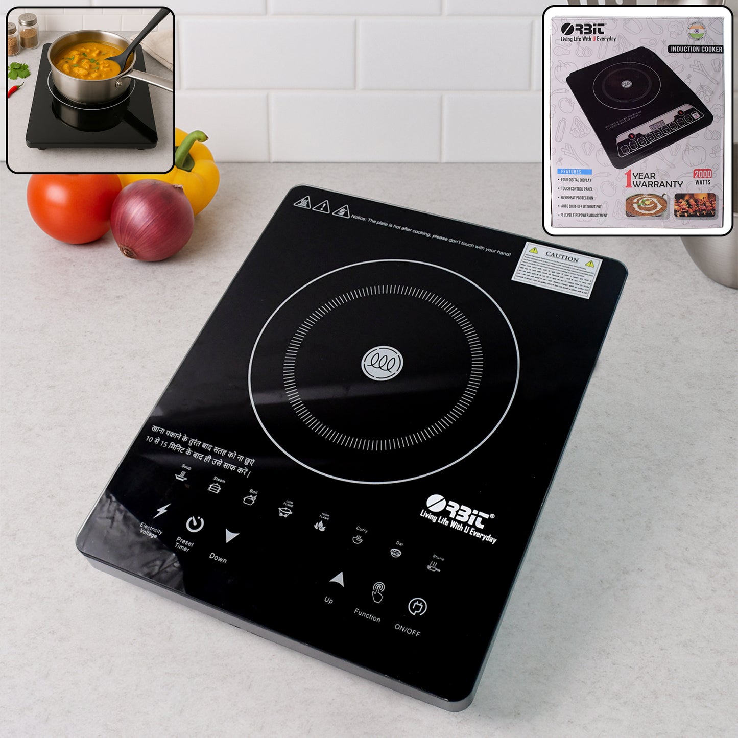 Wukusy Orbit Touch Control Induction Cooker with multiple cooking zones and 2000W power display on a sleek black surface.