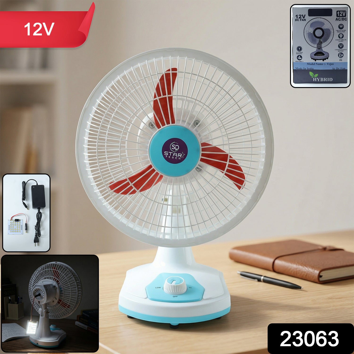 Wukusy Omega 12V rechargeable table fan with LED light, compact and portable, showing the fan's blades and illuminated LED in a home setting.
