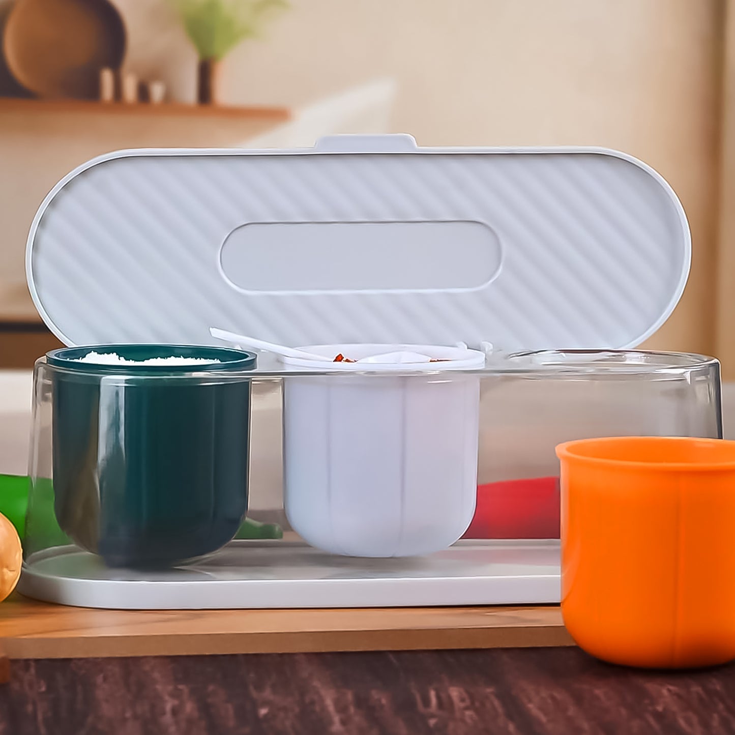 Wukusy 3-grid spice box kit with colorful compartments and spoon, ideal for storing seasonings and masalas in the kitchen.