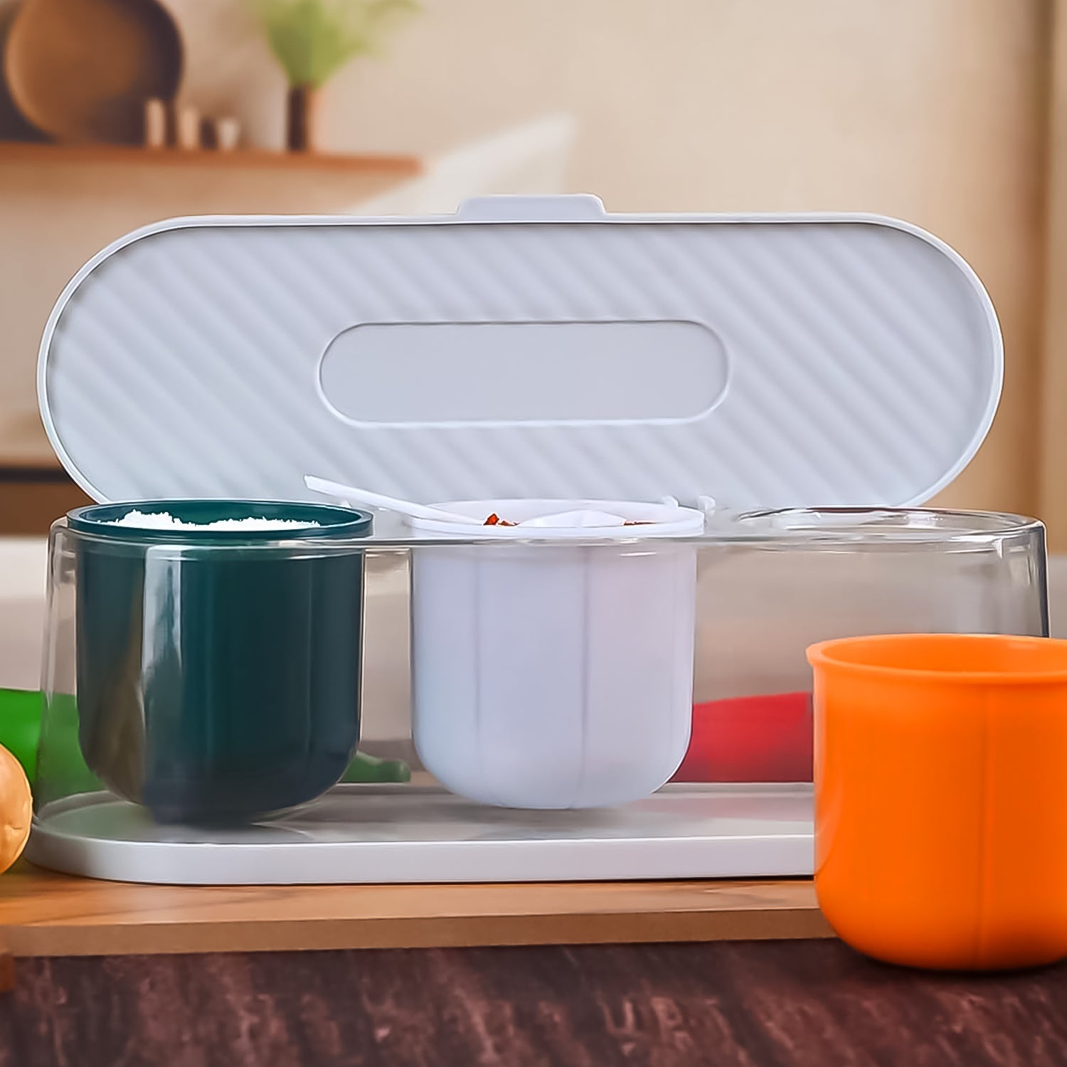 Wukusy 3-grid spice box kit with colorful compartments and spoon, ideal for storing seasonings and masalas in the kitchen.