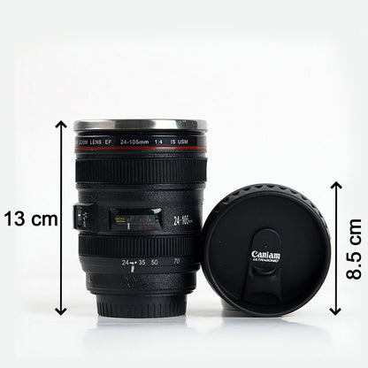 Wukusy stainless steel coffee mug designed like a plastic camera lens, perfect for kitchen use and coffee lovers.