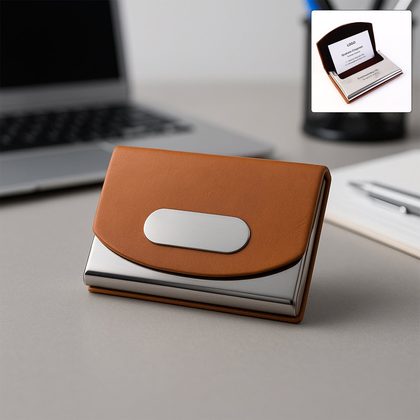Wukusy leather and stainless steel business card holder with compact design, holding multiple business cards.
