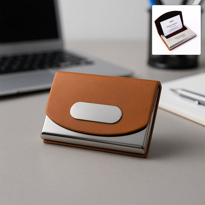 Wukusy leather and stainless steel business card holder with compact design, holding multiple business cards.