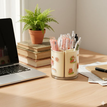 Wukusy 5-compartment rotating pen holder on desk, with pens and stationery organized, ideal for office or home use