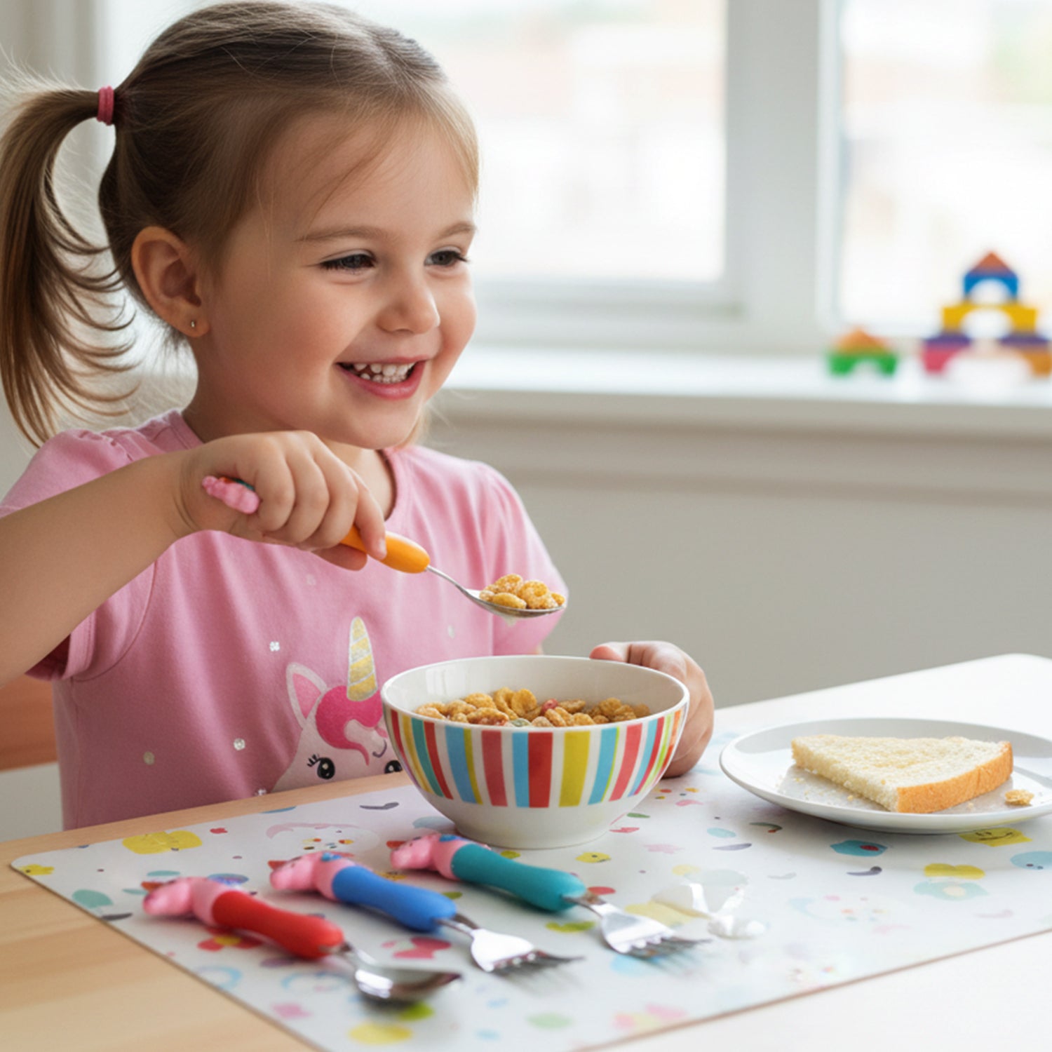 Wukusy unicorn theme kids spoon and fork set with plastic handles, includes four colorful utensils for children.