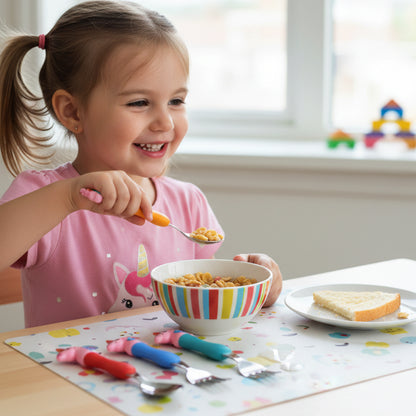 Wukusy unicorn theme kids spoon and fork set with plastic handles, includes four colorful utensils for children.
