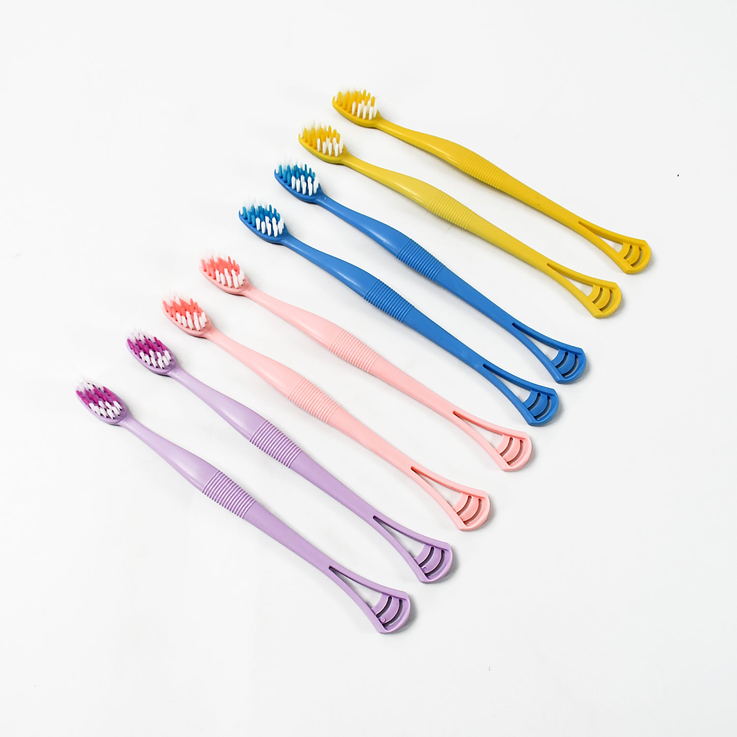 Wukusy 2-in-1 soft toothbrush with tongue scraper, long handle, and soft bristles, set of 8 for gentle oral cleaning.