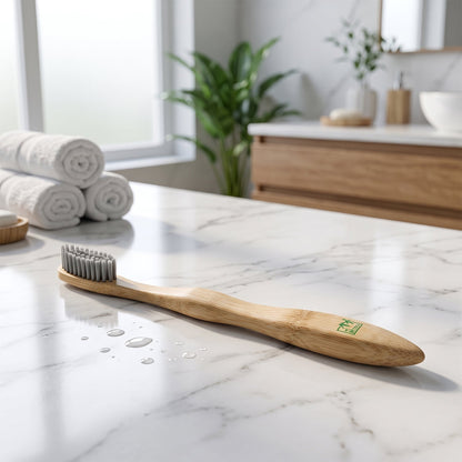 Wukusy eco-friendly bamboo toothbrush with soft bristles, wooden handle for adults, natural and sustainable oral care.