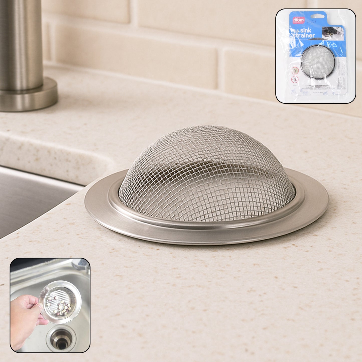 Wukusy Supermom stainless steel sink strainer for kitchen drains, durable and rust-resistant, fits standard kitchen sinks.