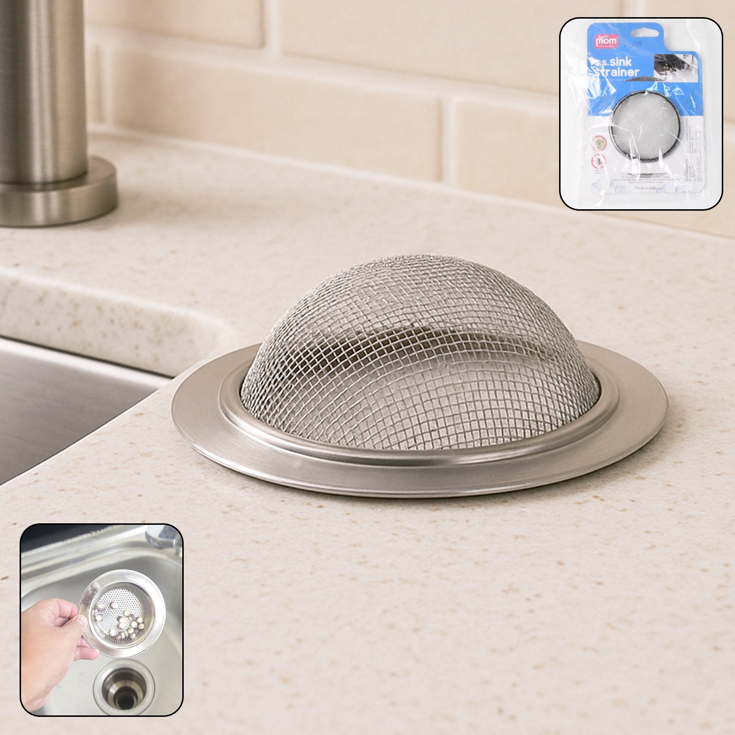 Wukusy Supermom stainless steel sink strainer for kitchen drains, durable and rust-resistant, fits standard kitchen sinks.