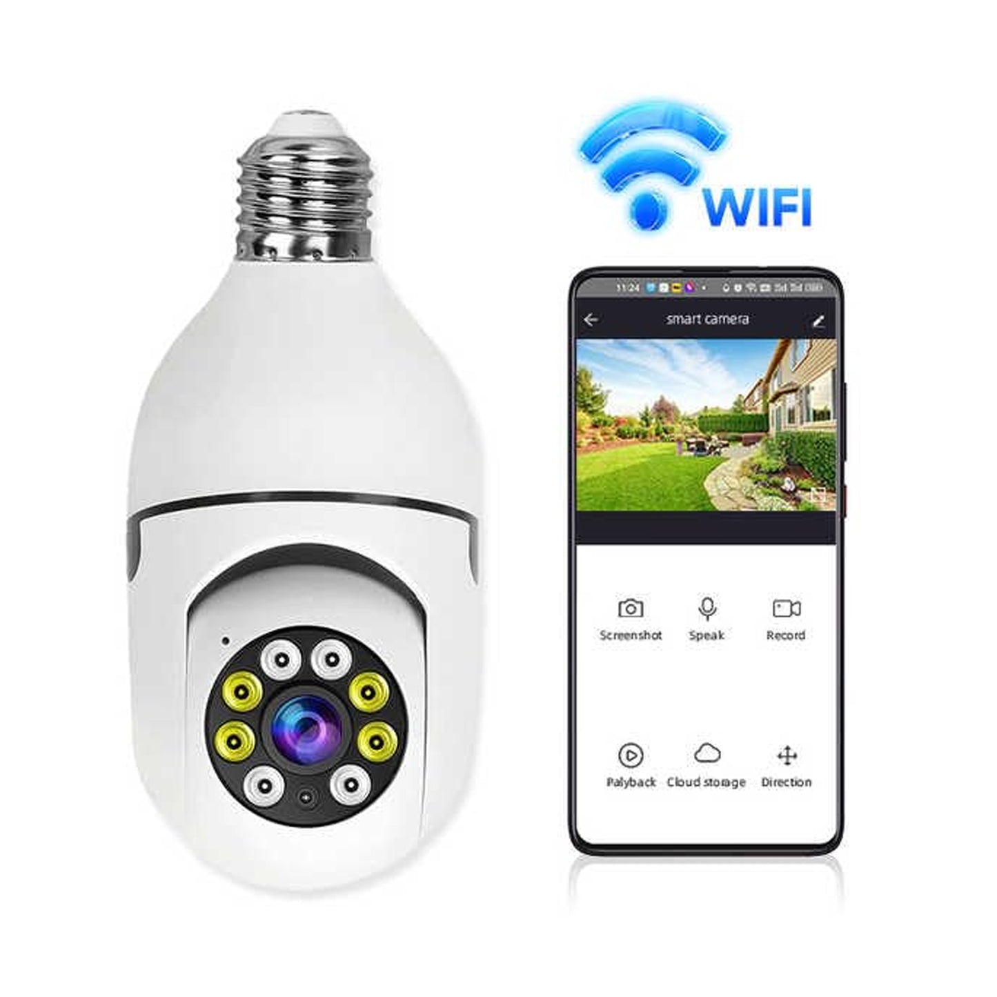 Wukusy V380 Pro fisheye 360-degree panoramic wireless WiFi CCTV security camera for office surveillance, showing camera lens and mounting.