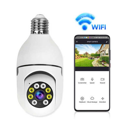 Wukusy V380 Pro fisheye 360-degree panoramic wireless WiFi CCTV security camera for office surveillance, showing camera lens and mounting.