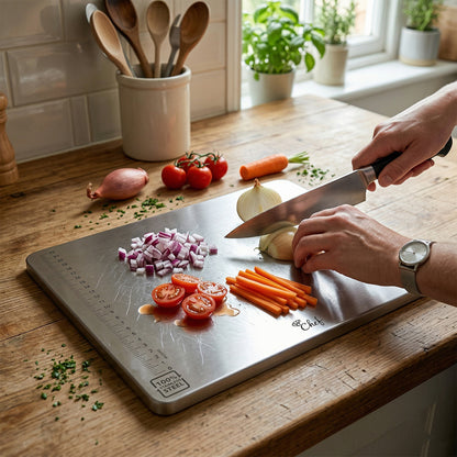 Wukusy stainless steel chopping board, 35.5x29 cm, 1mm thick, clean and smooth surface for food preparation.
