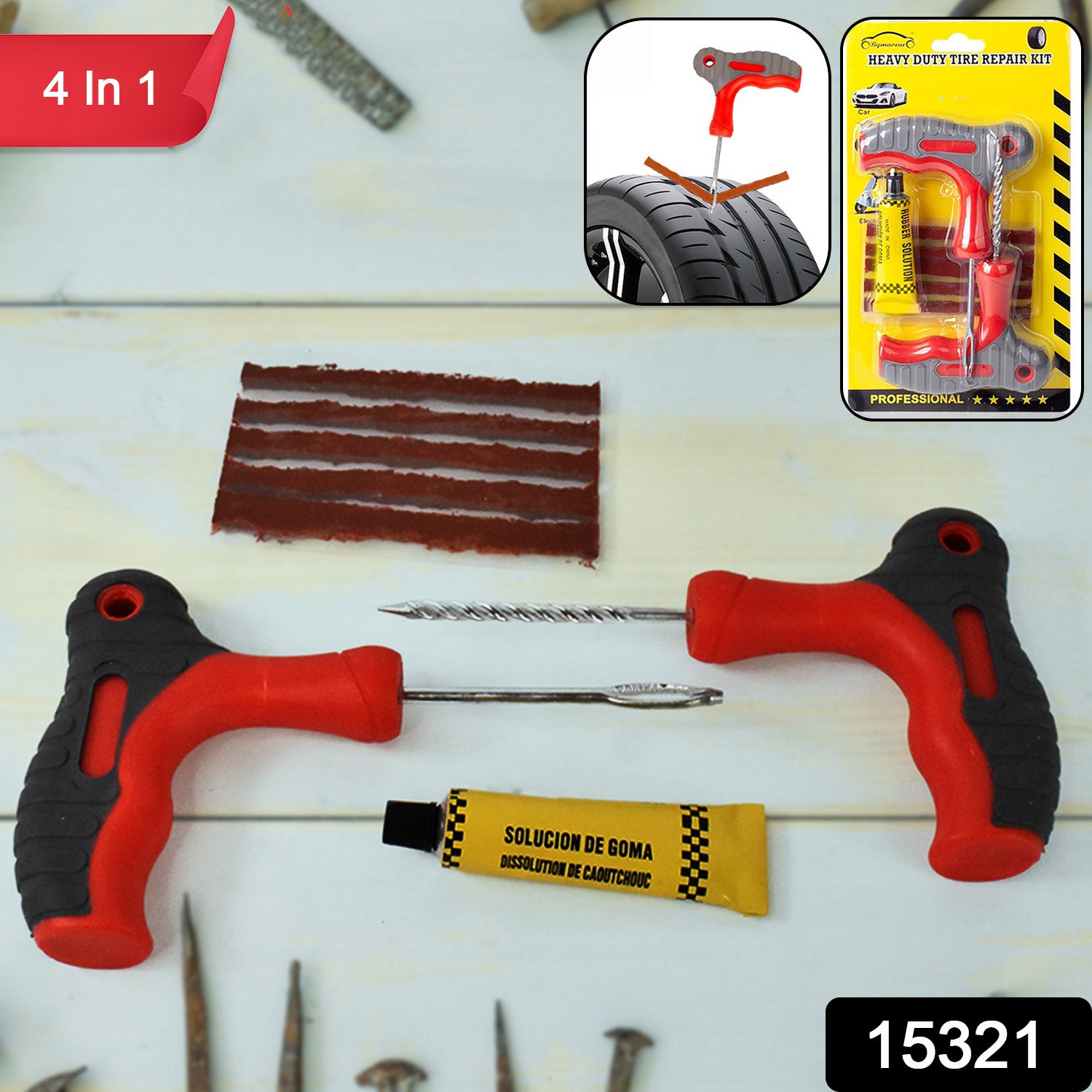 Wukusy 4-in-1 universal tubeless tire puncture repair kit with puncher, patches, and tools for quick tire repairs.