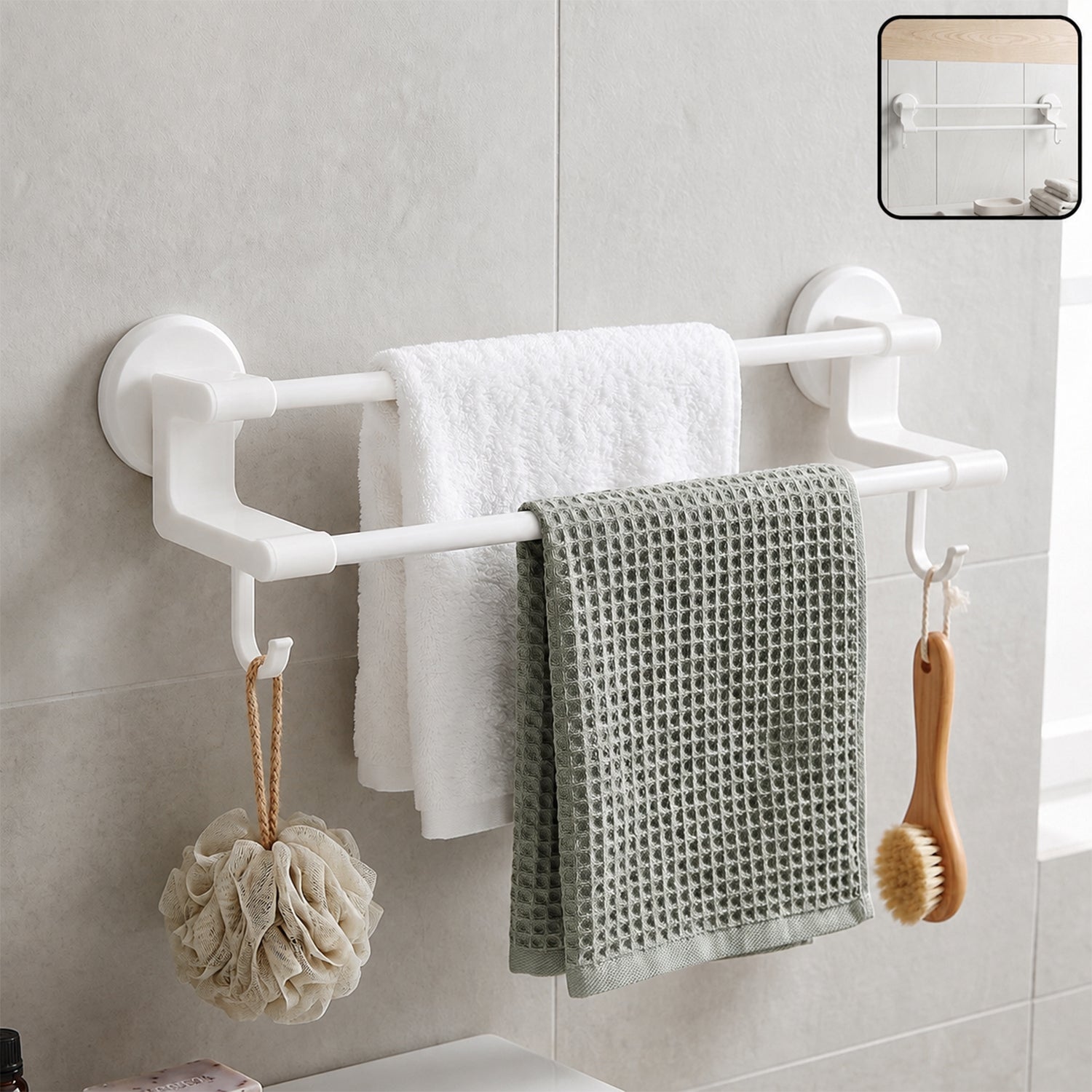 Wall mounted double bar towel holder rack with side hooks by Wukusy, featuring sturdy metal construction and easy wall installation.