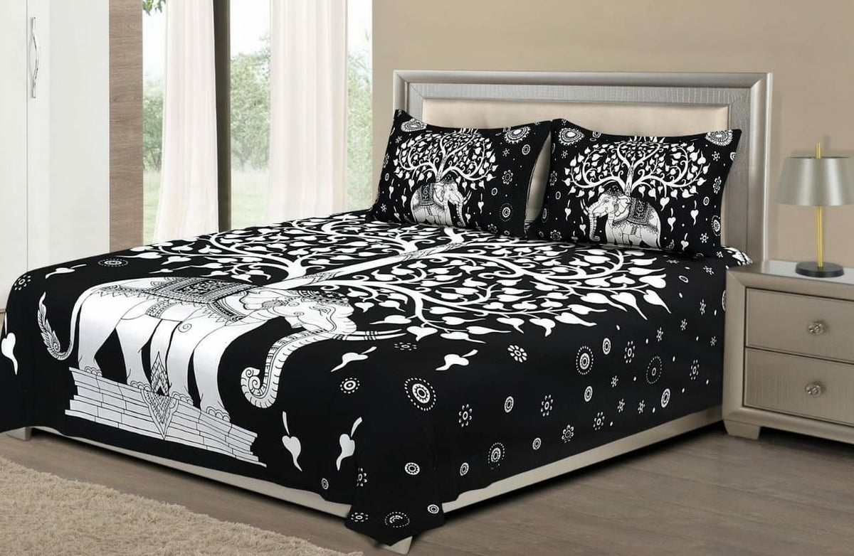 Jaipuri printed cotton double bedsheet with colorful traditional patterns, showcasing intricate design and soft fabric texture.