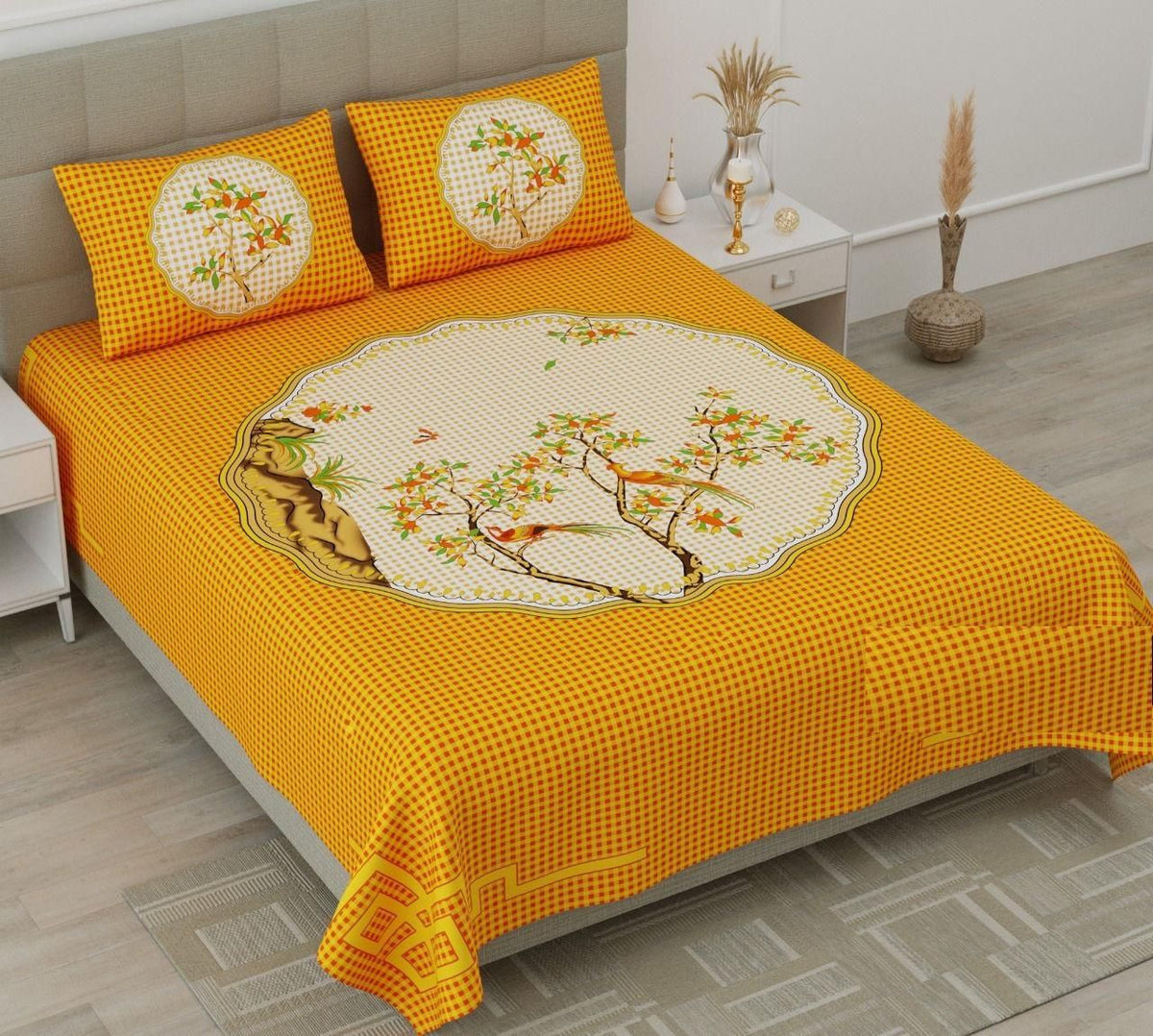 Jaipuri printed cotton double bedsheet with vibrant traditional patterns and colorful motifs, perfect for bedroom decor.