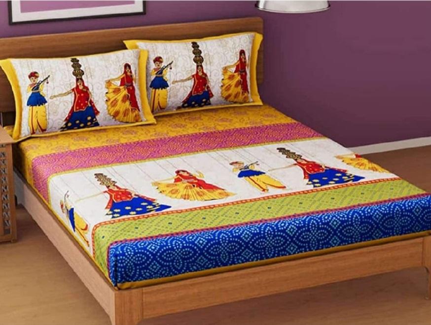 Jaipuri printed cotton double bedsheet with traditional design, featuring vibrant colors and intricate patterns for a cozy bedroom look.