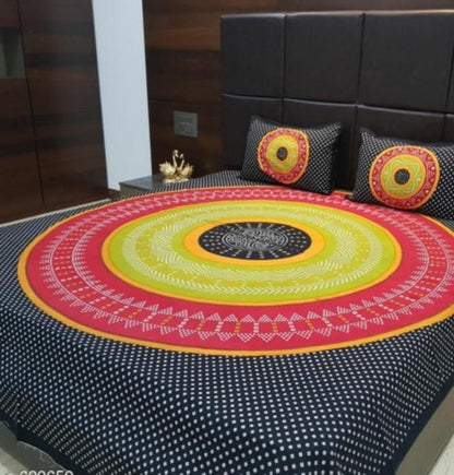 Jaipuri printed cotton double bedsheet with vibrant traditional patterns, showcasing colorful floral and geometric designs.