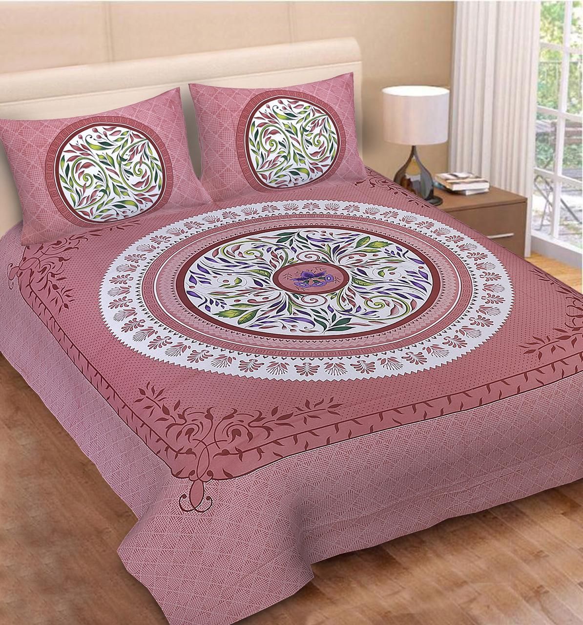 Jaipuri printed cotton double bedsheet with colorful traditional patterns, featuring intricate designs on soft fabric.