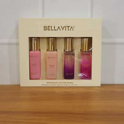 Wukusy Bellavita Luxury Women Eau De Parfum gift set with four 20ml bottles, elegant packaging and floral fragrance.