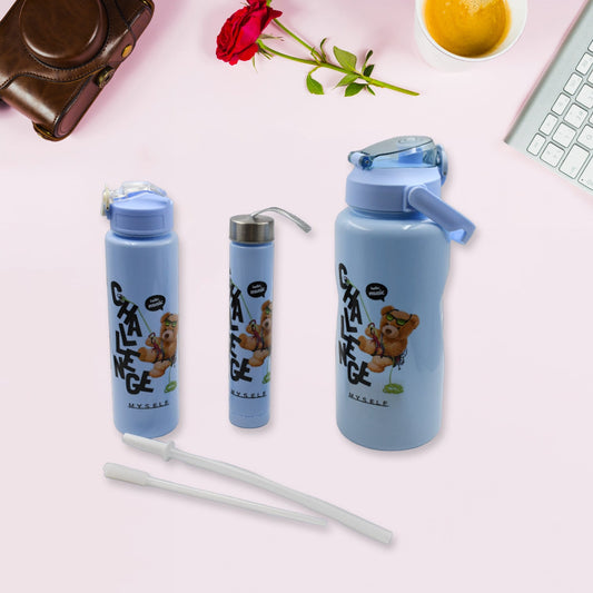 Wukusy 8403 plastic water bottle 3-piece set with cartoon prints, BPA-free, leak-proof, in different sizes for kids, school, or gym.
