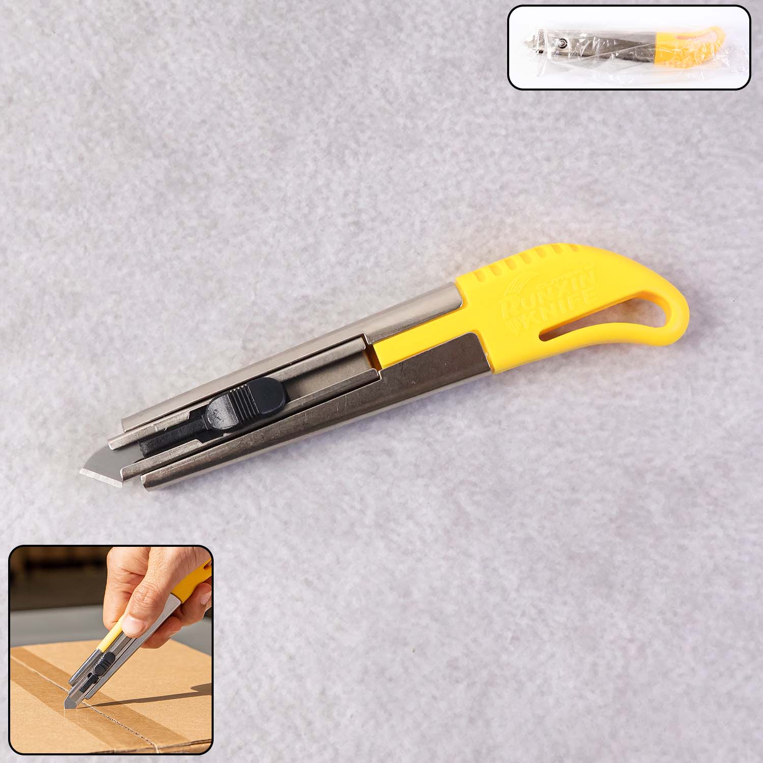 Wukusy heavy-duty stainless steel utility cutter knife with ergonomic handle and two extra blades, ideal for office cutting tasks.