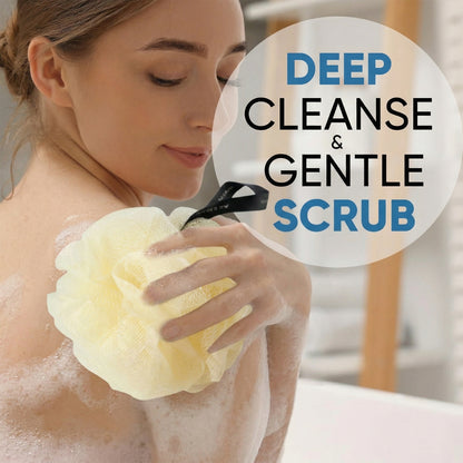 Wukusy soft mesh bath loofah scrubber, 1 piece, showing the gentle exfoliating surface for cleansing and lathering in the shower.