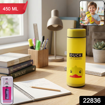 Wukusy 450ml cartoon design frosted glass water bottle with leak-proof lid, featuring colorful, playful character illustrations.
