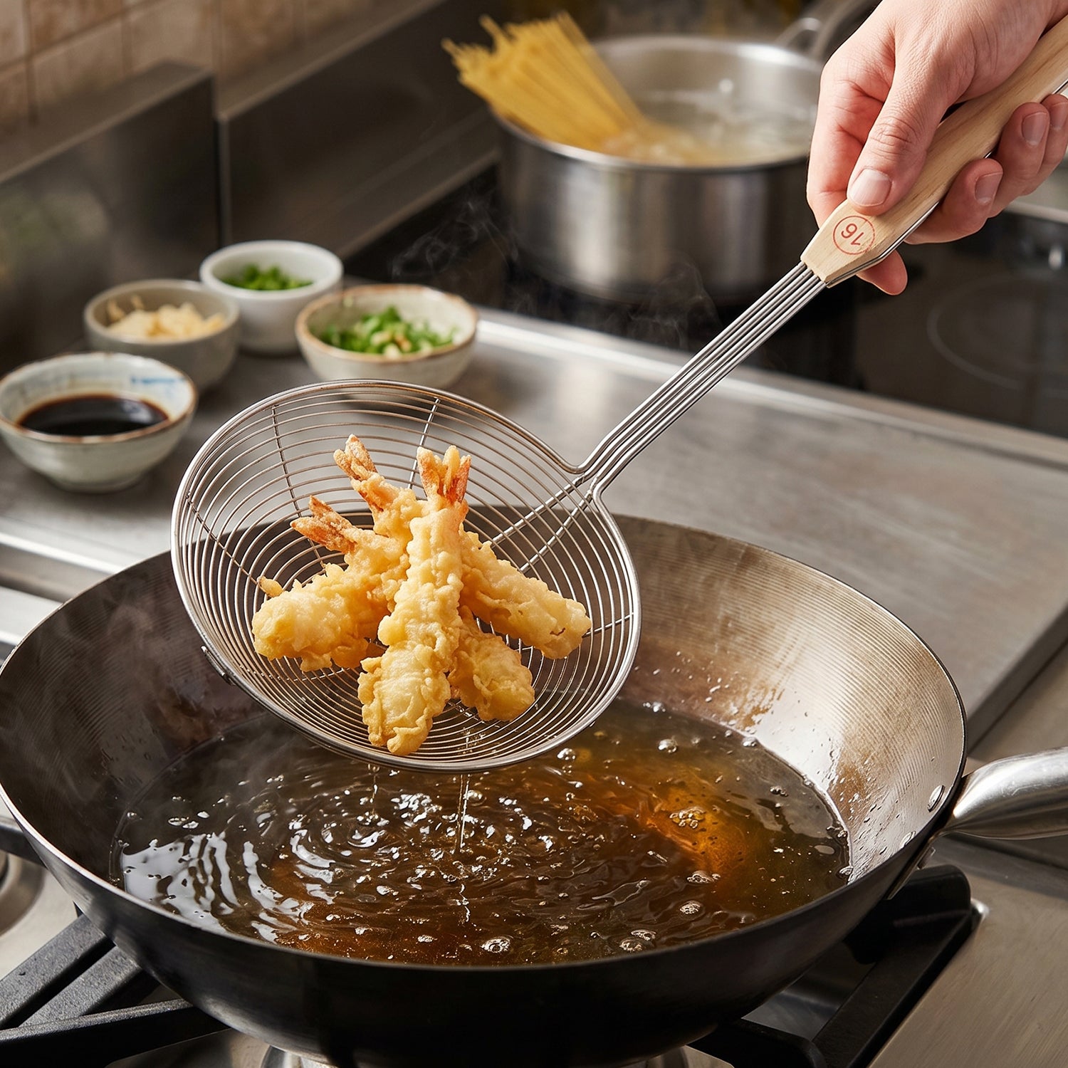 Wukusy stainless steel frying skimmer strainer with wooden handle, 45 cm, for lifting fried foods from hot oil.