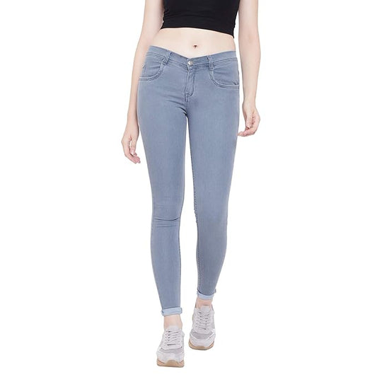 Grey women's slim fit cotton jeans from FIZZI SHOP, showing the front view with belt loops and classic five-pocket design.