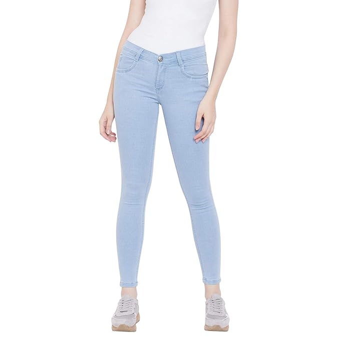 Sky blue women's slim fit cotton jeans by FIZZI SHOP, showing the fitted design and classic denim texture.
