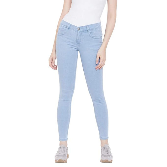 Sky blue women's slim fit cotton jeans by FIZZI SHOP, showing the fitted design and classic denim texture.