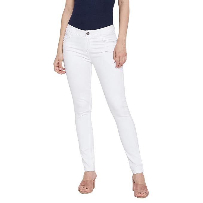 White women's slim fit cotton jeans by FIZZI SHOP, showing close-up of classic five-pocket design and fitted style.