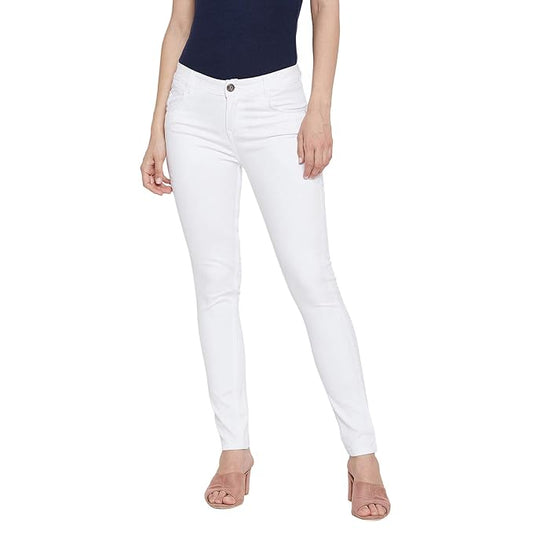 White women's slim fit cotton jeans by FIZZI SHOP, showing close-up of classic five-pocket design and fitted style.