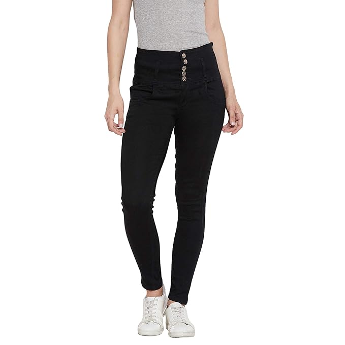 Black women's slim fit jeans from FIZZI SHOP, showing a close-up of the sleek, fitted denim style with pockets and stitching details.