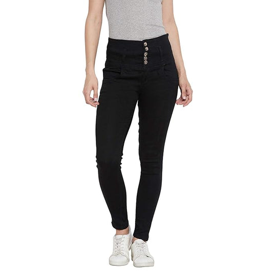 Black women's slim fit jeans from FIZZI SHOP, showing a close-up of the sleek, fitted denim style with pockets and stitching details.