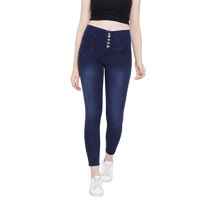 Blue women's slim fit jeans by FIZZI SHOP, shown in the image with a close-up of the denim fabric and fitted style.