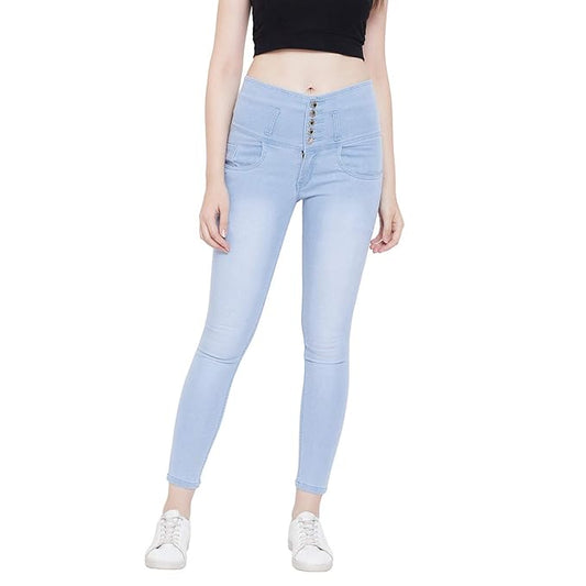 Sky blue women's slim fit jeans by FIZZI SHOP, showing a close-up of the denim fabric and fit style.