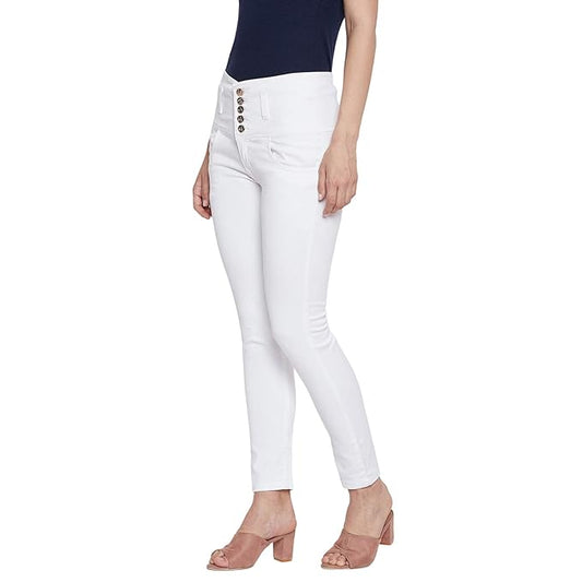 White women's slim fit jeans from FIZZI SHOP, featuring a sleek design and classic denim style.