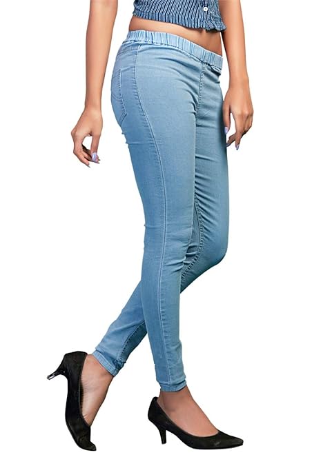 Classy blue women's slim fit denim jeggings from FIZZI SHOP featuring stretchable fabric and stylish design.